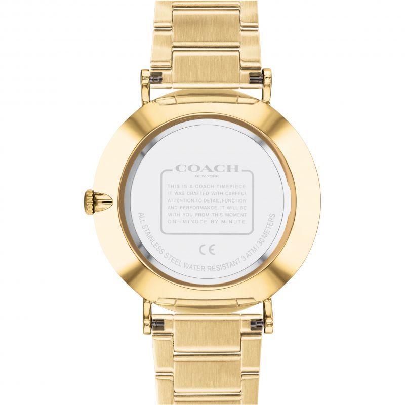 Coach Charles watch caseback showing transparent crystal and serial information