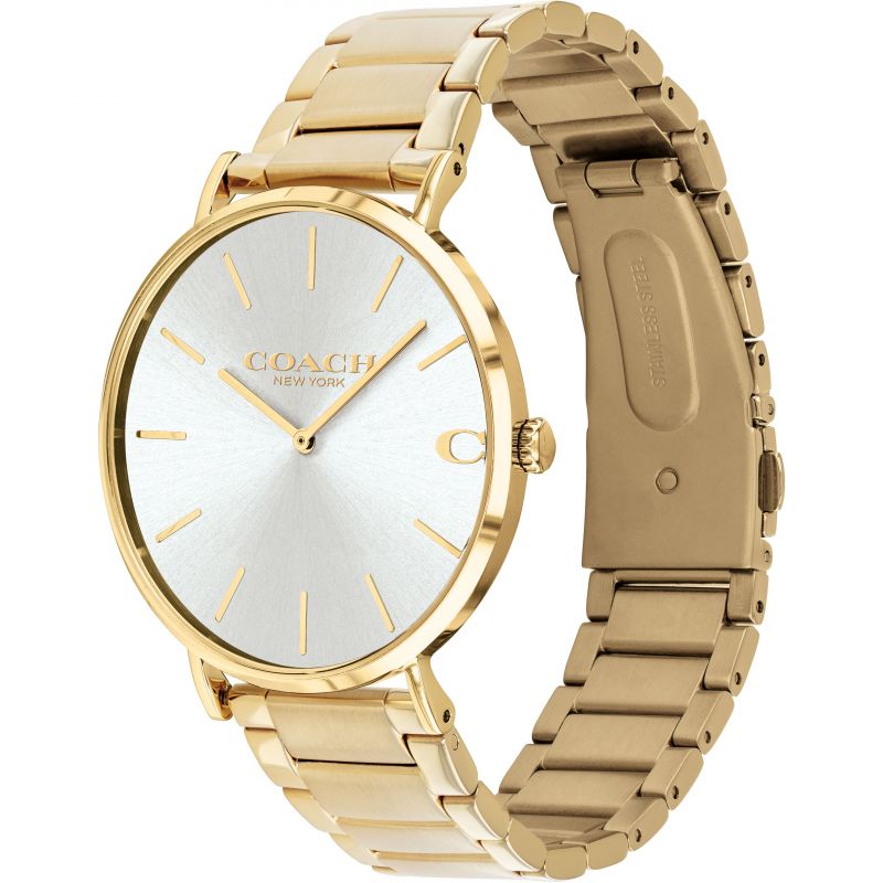 Coach Charles watch three-quarter view showing gold bracelet strap detail