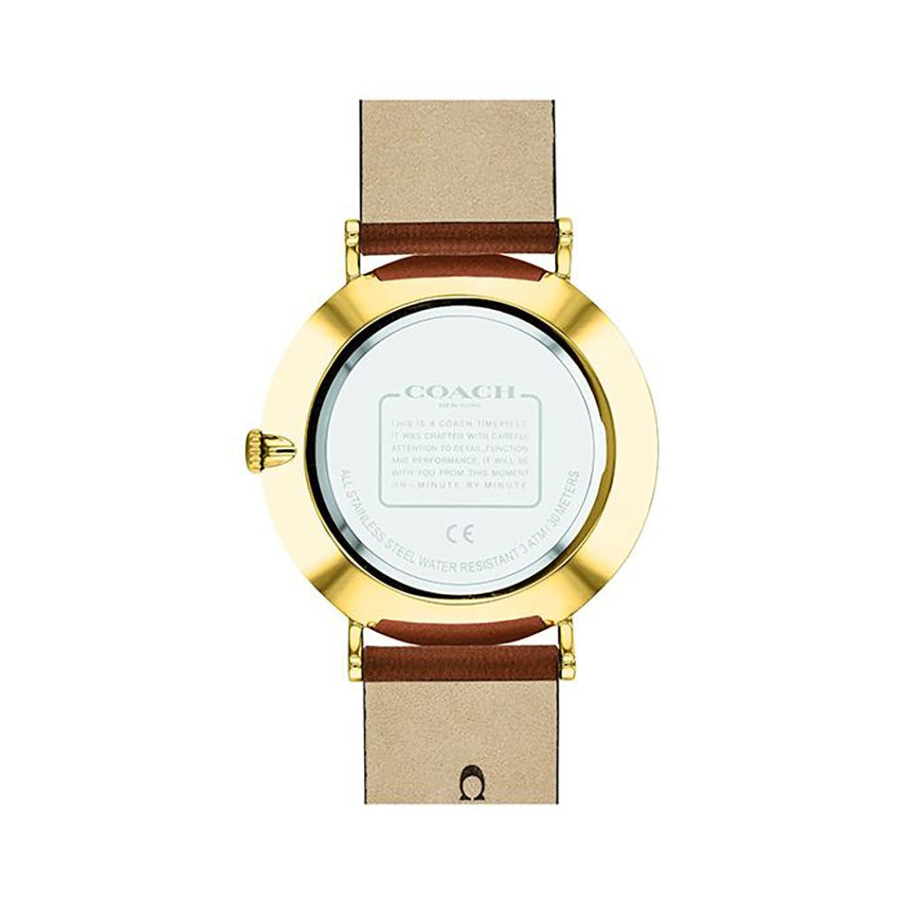 Coach Charles watch caseback with engraved branding and technical details