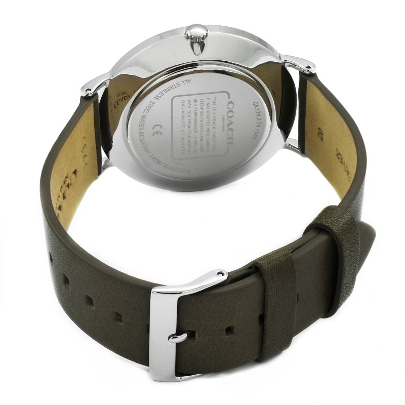 Coach Charles watch caseback showing stainless steel case and khaki leather strap interior