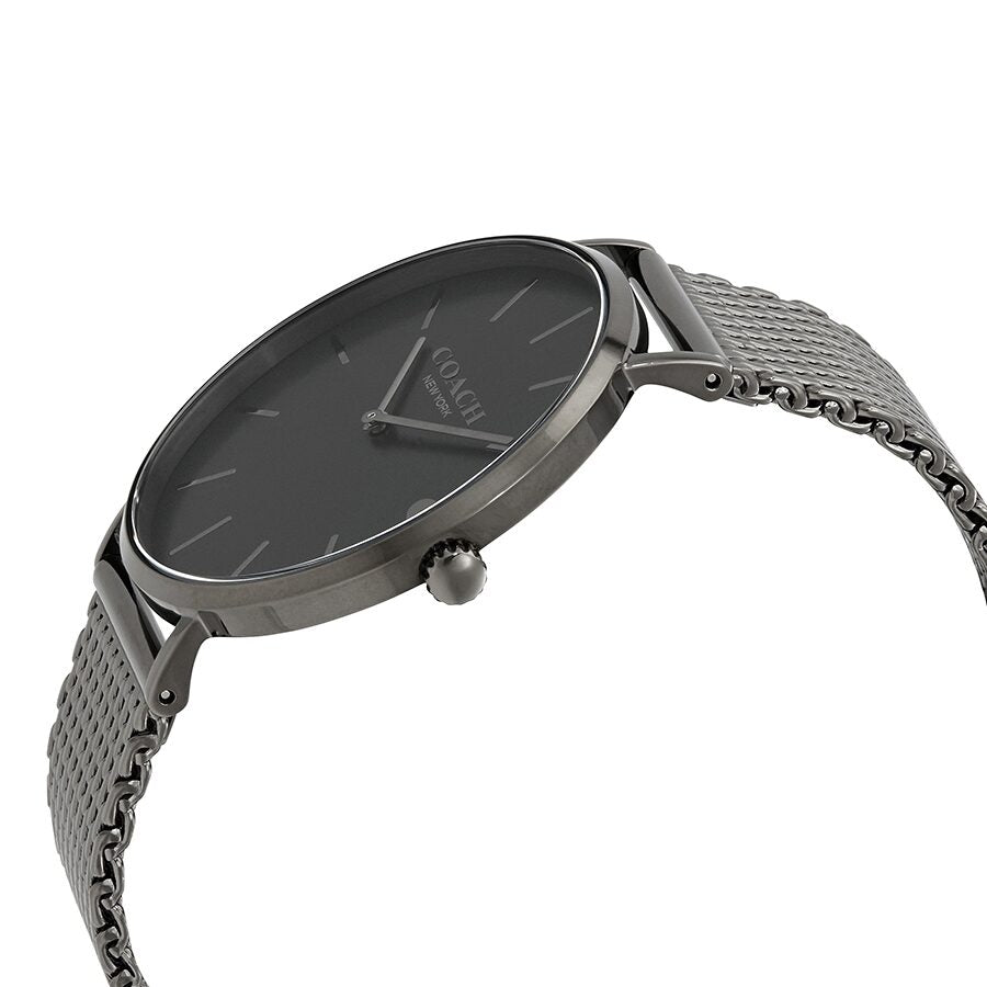 Side view of Coach Charles watch showing round case profile and mesh strap