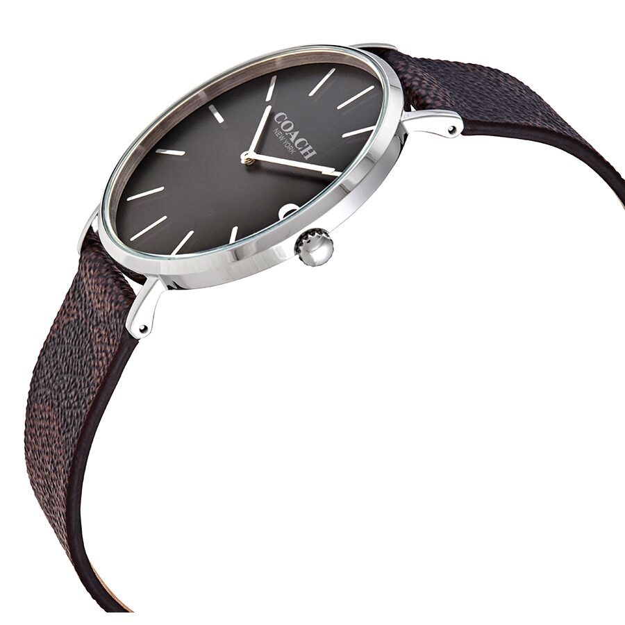 Coach Charles watch side view showing silver case and brown textured leather strap