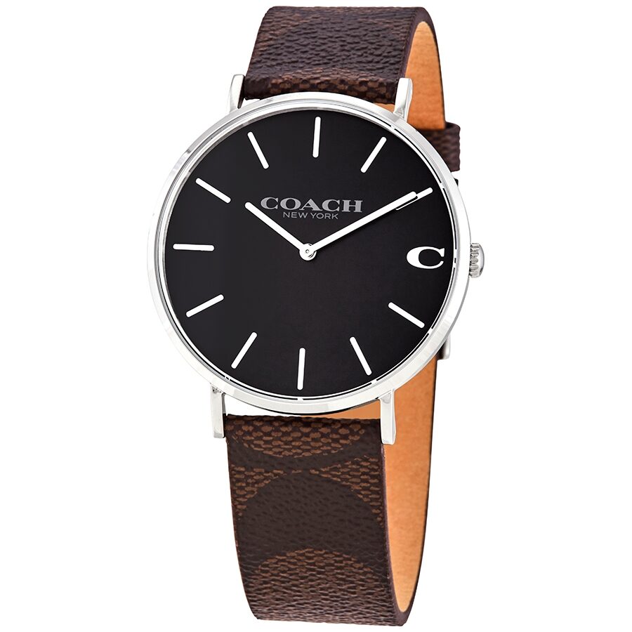 Coach Charles quartz watch with black dial and brown leather strap