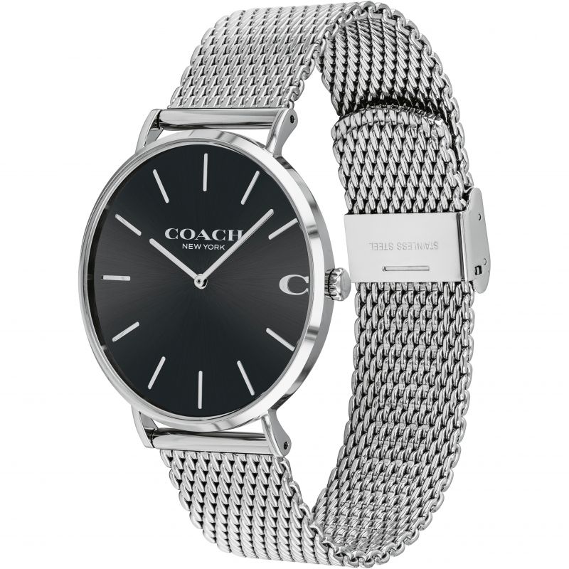 Coach Charles men's watch at three-quarter angle showing black dial and mesh band