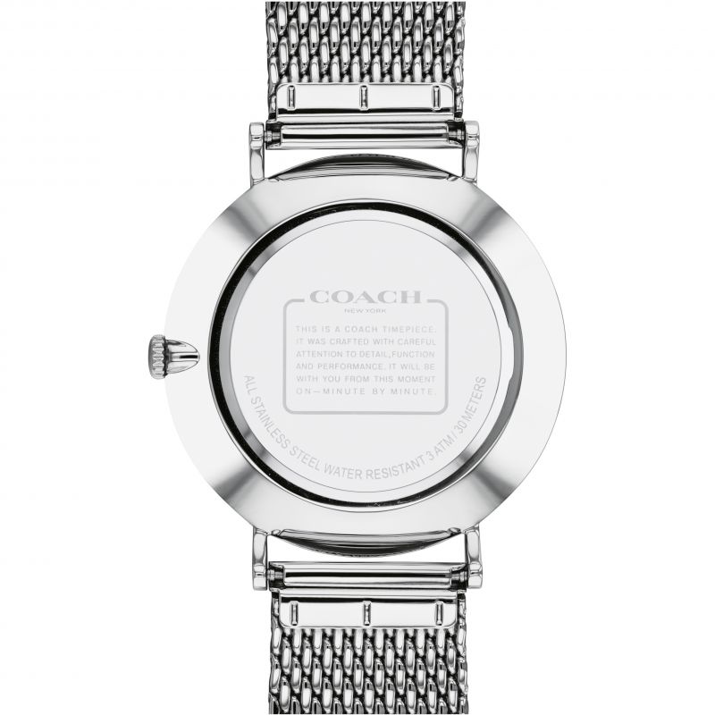 Coach Charles watch caseback showing engraved Coach branding and specifications