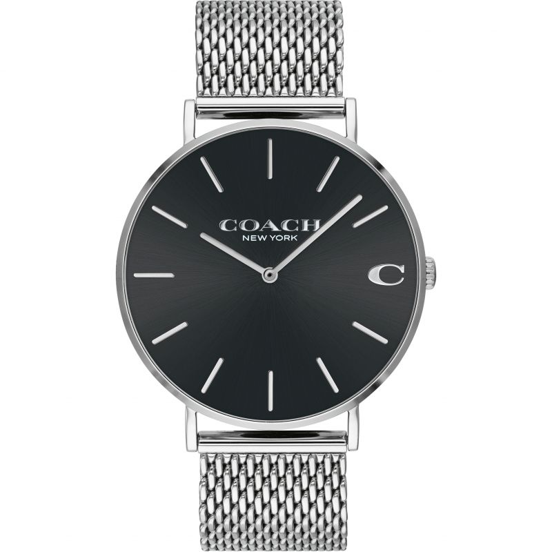 Coach Charles watch with black dial and silver mesh bracelet, front view