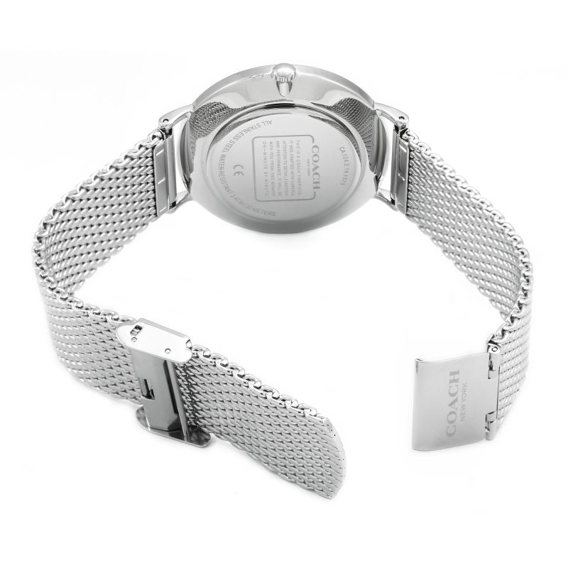 Coach Charles watch mesh bracelet and fold-over clasp detail from back