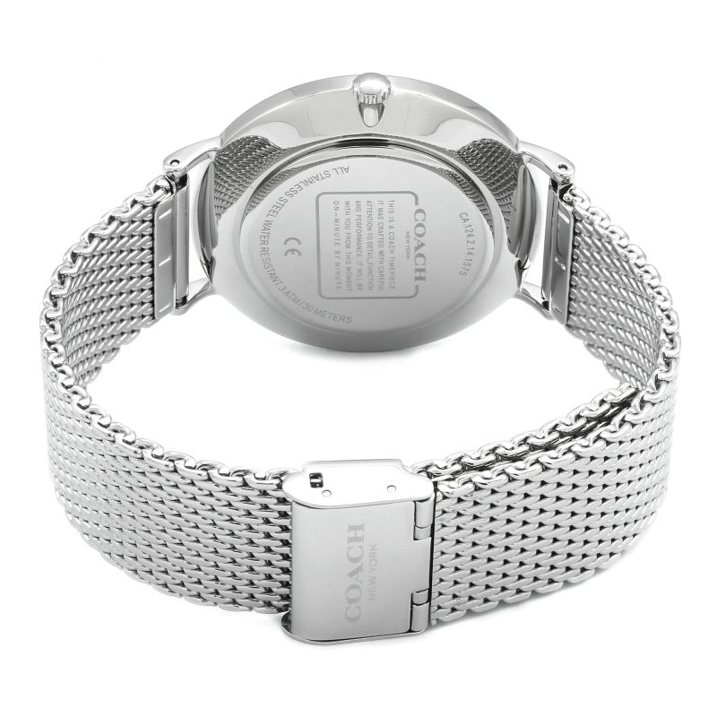 Silver mesh bracelet and clasp details of Coach Charles watch