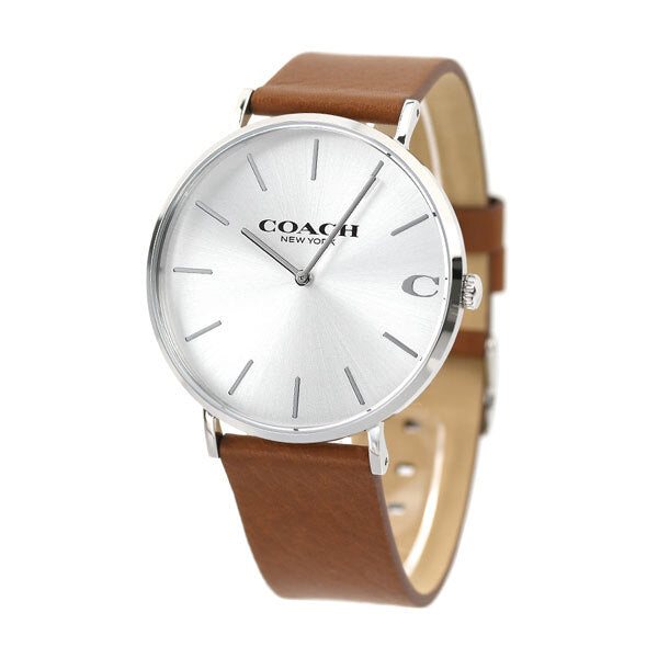 Coach Charles watch three-quarter view showing silver case and brown leather strap
