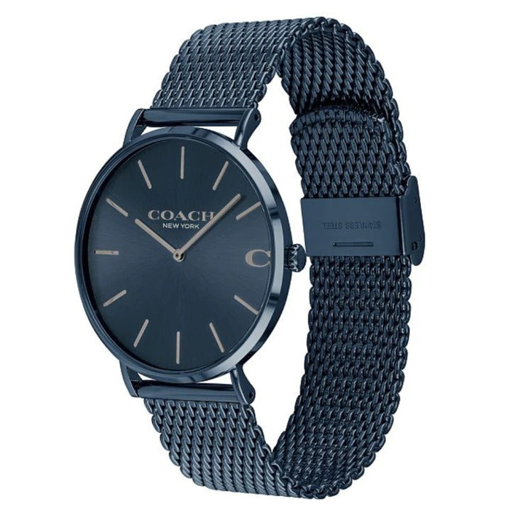Coach Charles navy blue watch worn on wrist with mesh strap detail