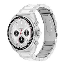 COACH Charter chronograph watch showing side profile of stainless steel bracelet and bezel