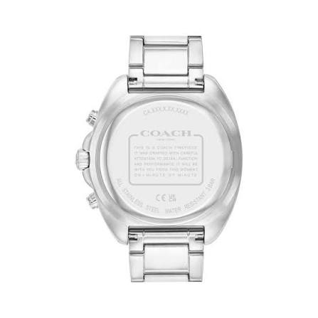 COACH Charter watch caseback showing stainless steel with brand engraving and specifications