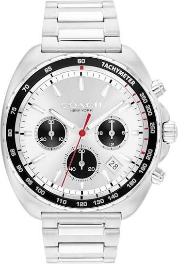 COACH Charter silver dial chronograph watch with black tachymetric bezel and stainless steel bracelet