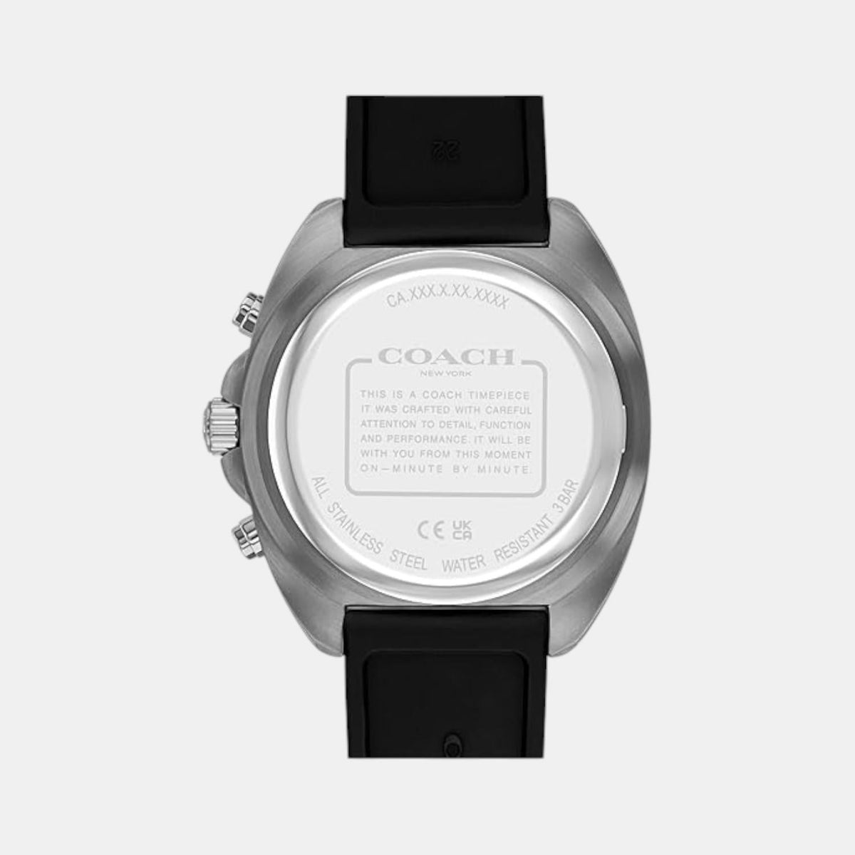 Coach Charter watch caseback showing stainless steel with Coach branding and specifications