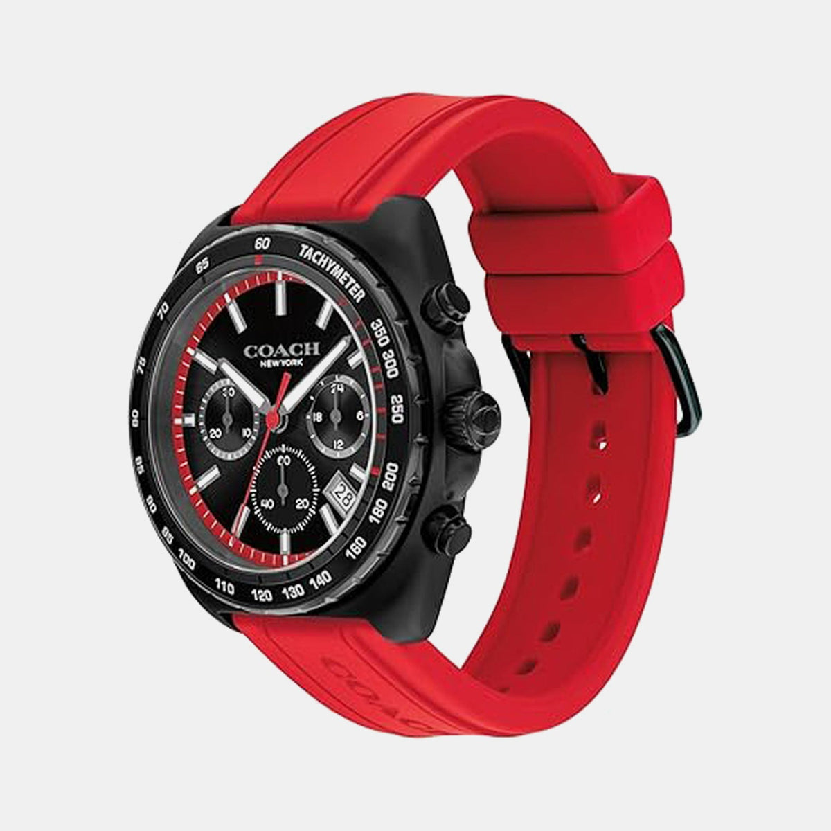 Coach Charter watch at angle showing red silicone strap and black chronograph case