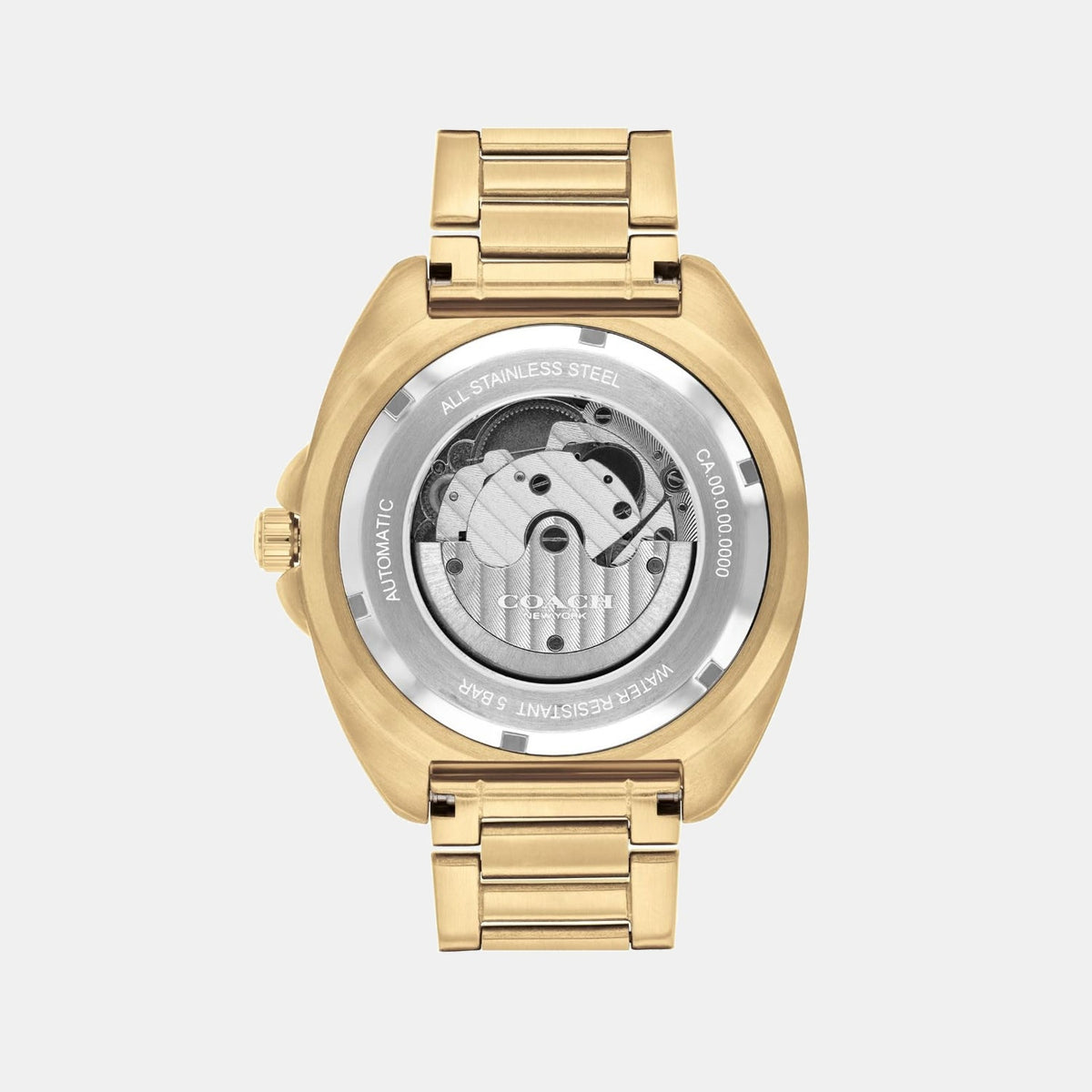Coach Charter caseback showing automatic movement and stainless steel construction
