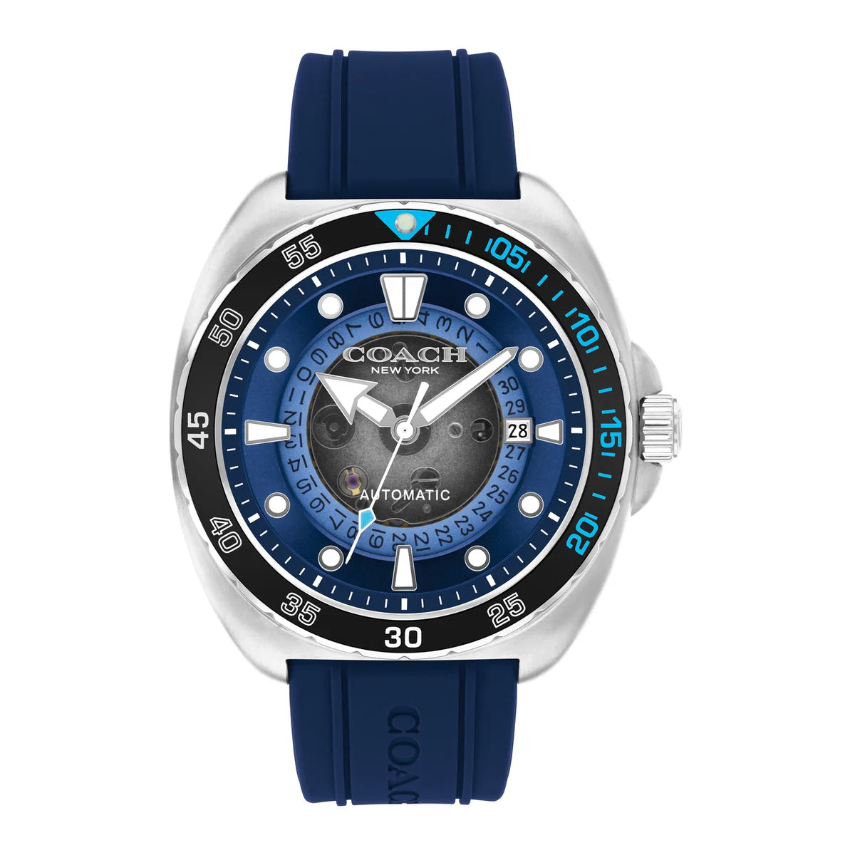 COACH Charter 44mm blue dial automatic watch with steel case and navy silicone strap
