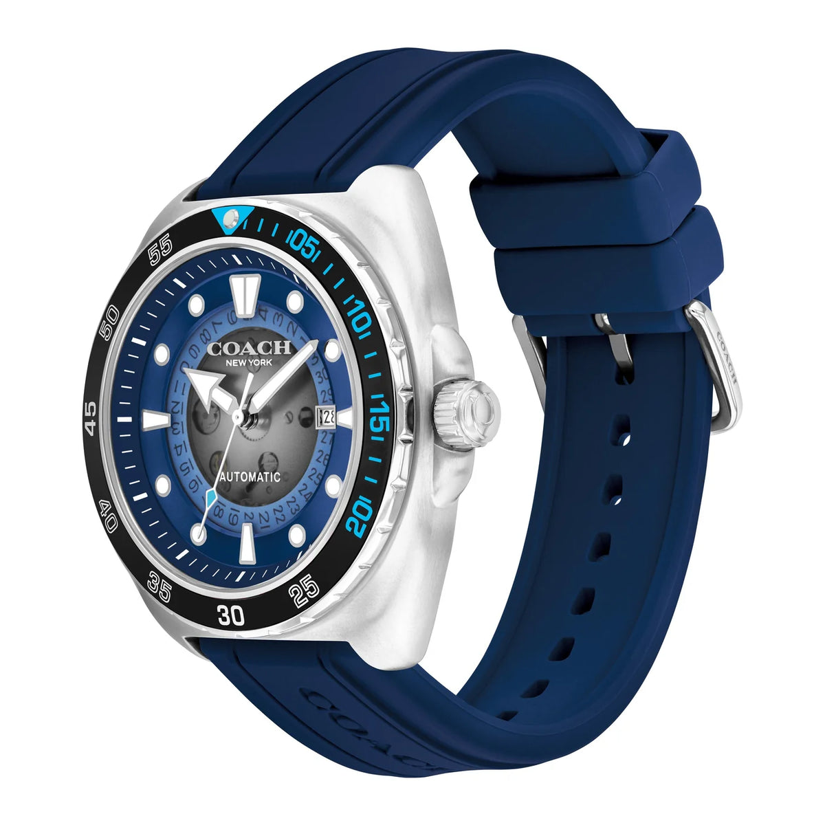 COACH Charter watch side profile showing steel case and navy silicone strap