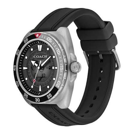COACH Charter watch shown from angled side view with black silicone strap detail