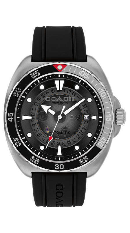 COACH Charter automatic men's watch with stainless steel case, black dial, and black silicone strap