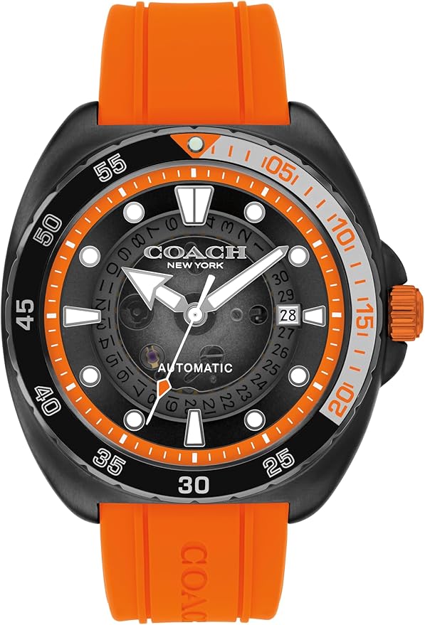 COACH Charter automatic men's watch with orange strap and rotating bezel on black dial