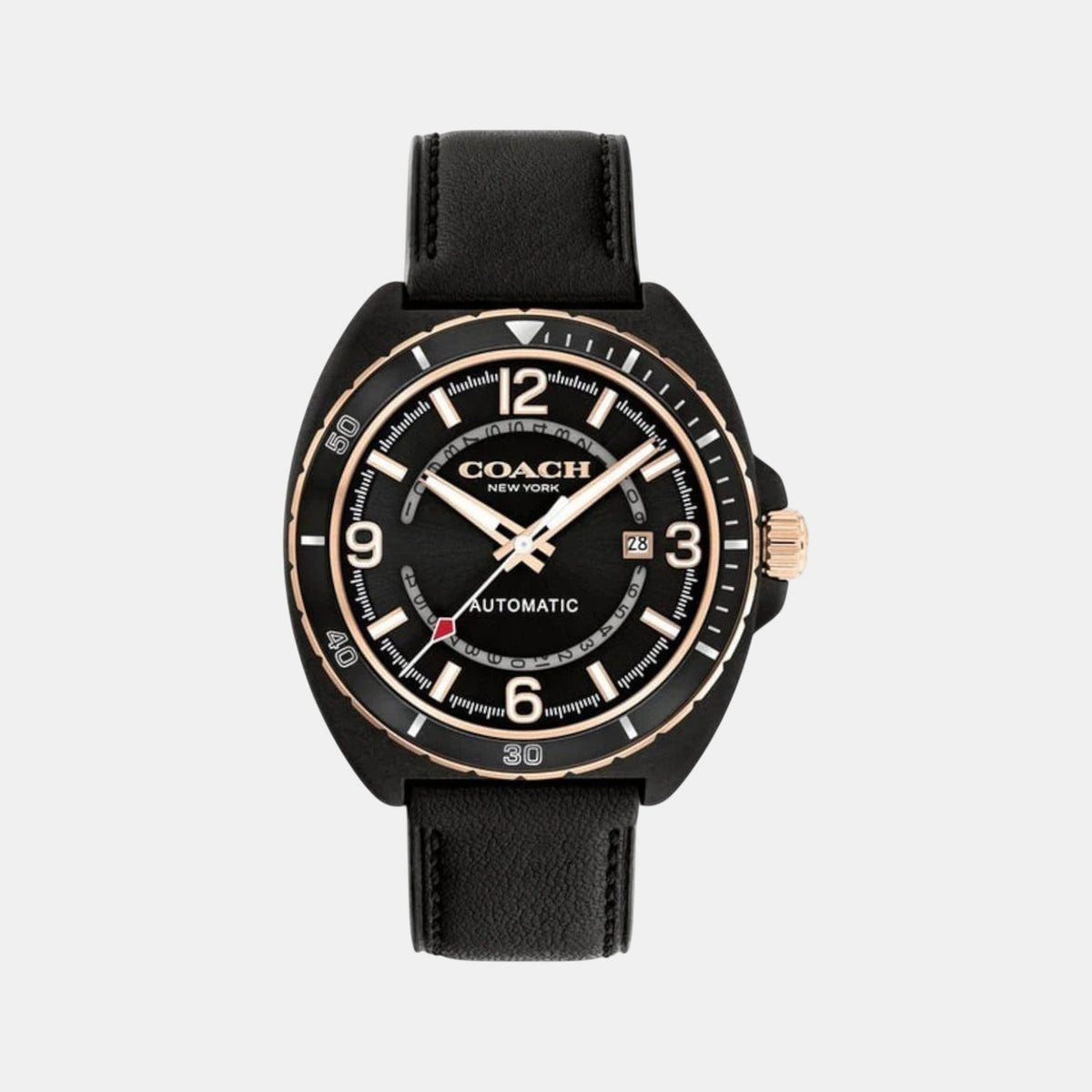 Coach Charter automatic men's watch with 44.5mm black case, black dial, and black leather strap