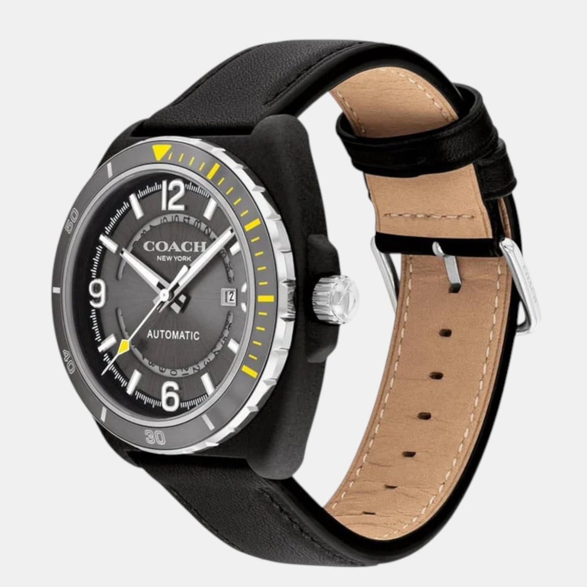 Coach Charter watch at angle showing grey dial, black leather strap, and tan leather interior