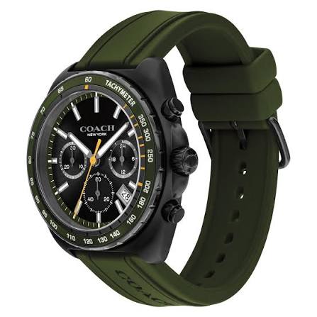 Coach chronograph watch angled view showing black case, green rubber strap, and dial details