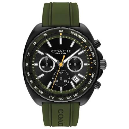 Coach black chronograph men's watch with green rubber strap and tachymeter bezel