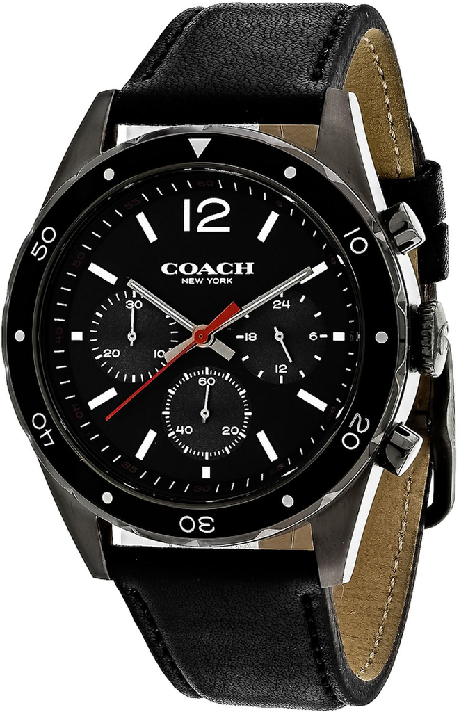 Coach chronograph watch with black dial, white numerals, and black leather strap