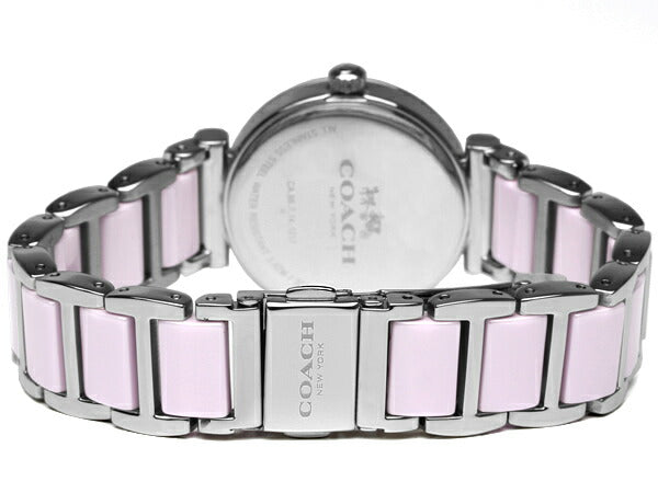 Coach Delancey watch caseback showing two-tone silver and purple ceramic bracelet with logo