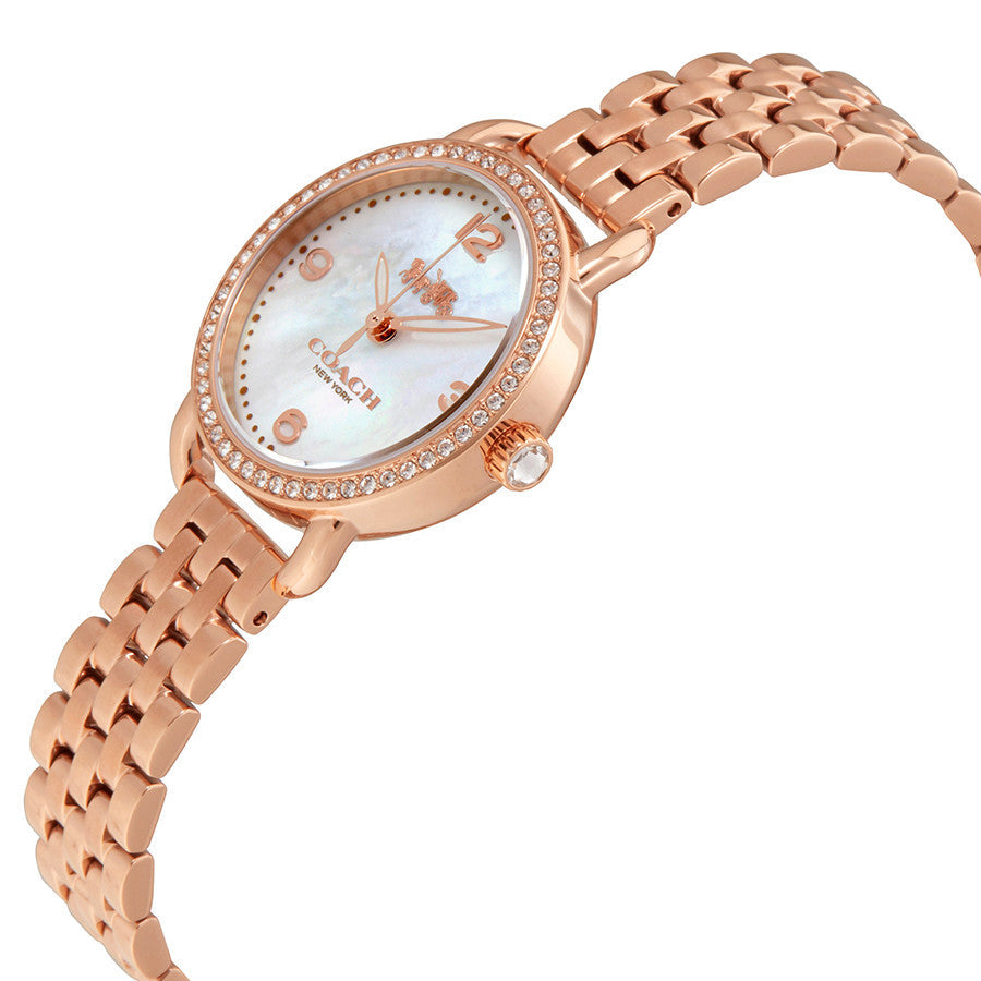 Coach Delancey ladies watch angled view showing rose gold bracelet and mother of pearl dial