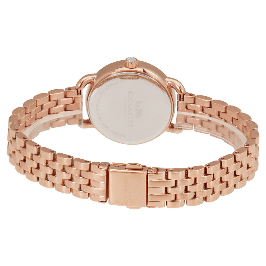 Coach Delancey ladies watch caseback view showing rose gold-tone stainless steel case