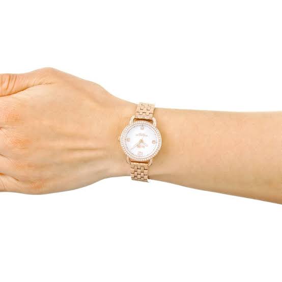 Coach Delancey ladies watch on wrist showing rose gold-tone bracelet and mother of pearl dial