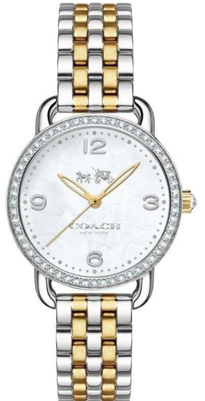 Coach Delancey two-tone steel watch with mother of pearl white dial and crystal bezel, front view