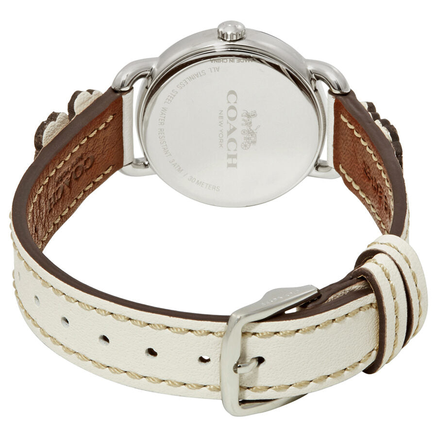 Coach Delancey watch caseback with engraved Coach branding and stainless steel construction