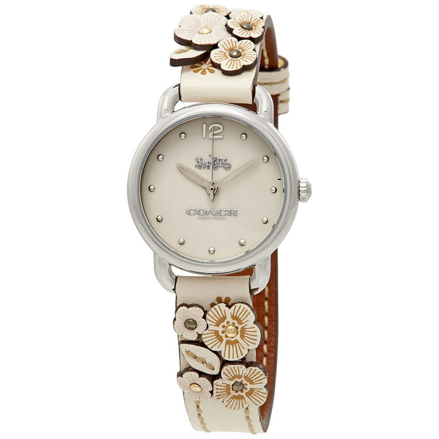 Coach Delancey beige dial ladies watch with floral leather strap and daisy details