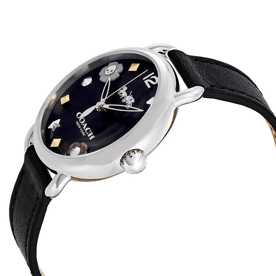 Coach Delancey watch at angle showing black dial, silver case, and black leather strap
