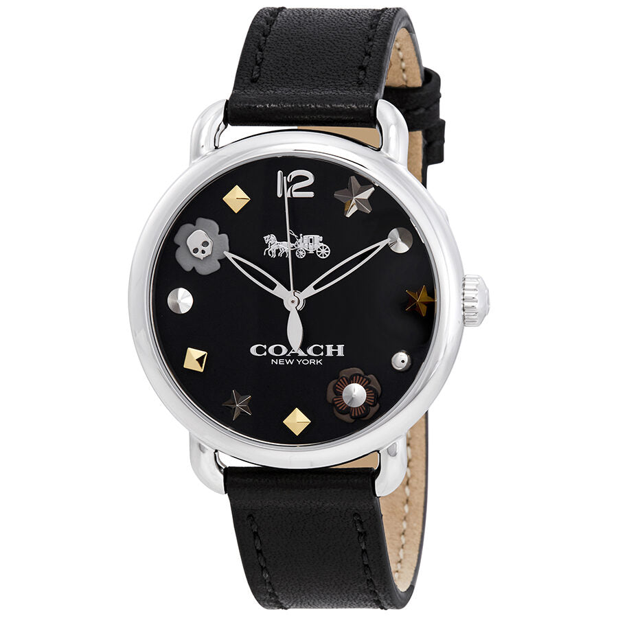 Coach Delancey black dial ladies watch with silver case and black leather strap