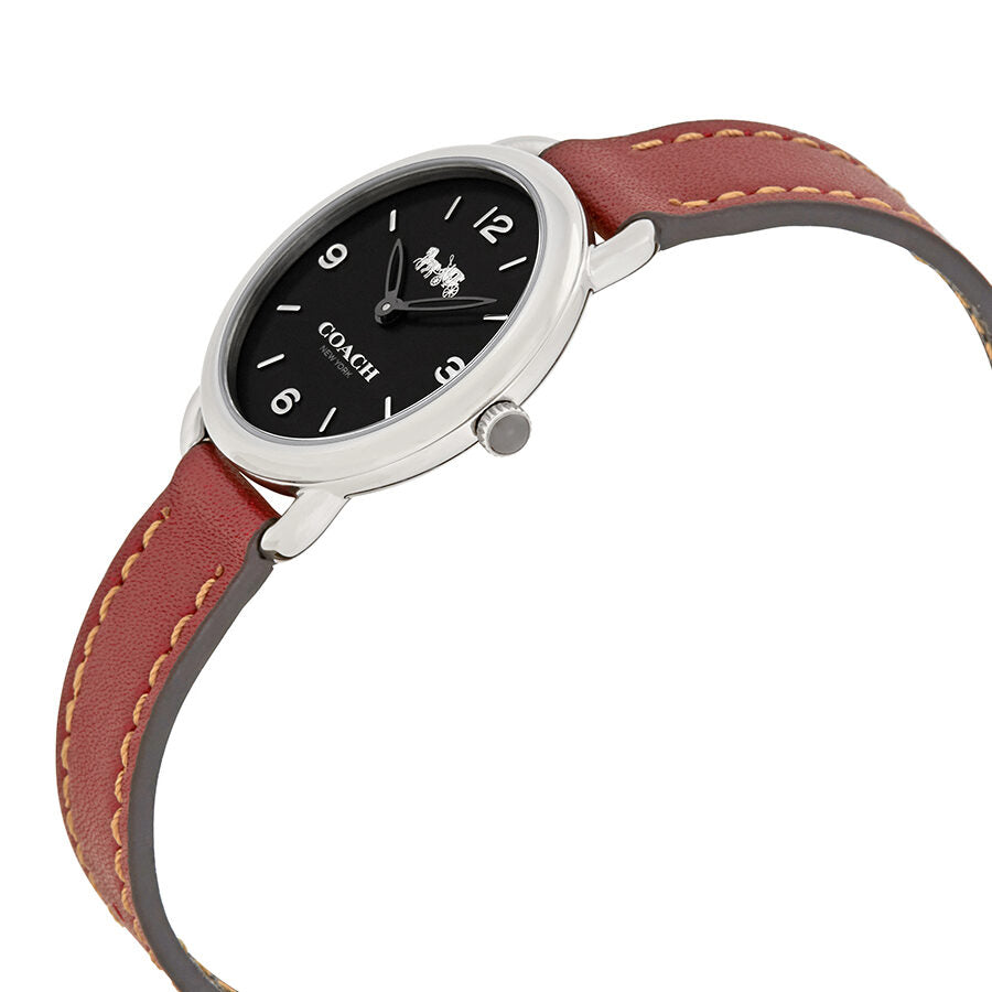 Coach Delancey watch angled view showing black dial and brown leather strap