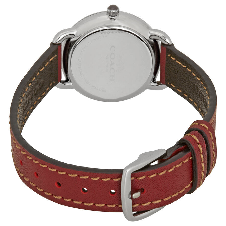 Coach Delancey watch caseback showing silver-tone case and brown leather strap