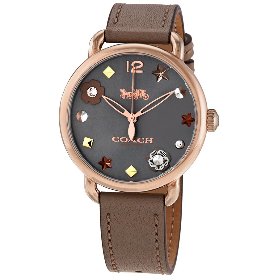 Coach Delancey quartz ladies watch with grey dial, rose gold case, and brown leather strap