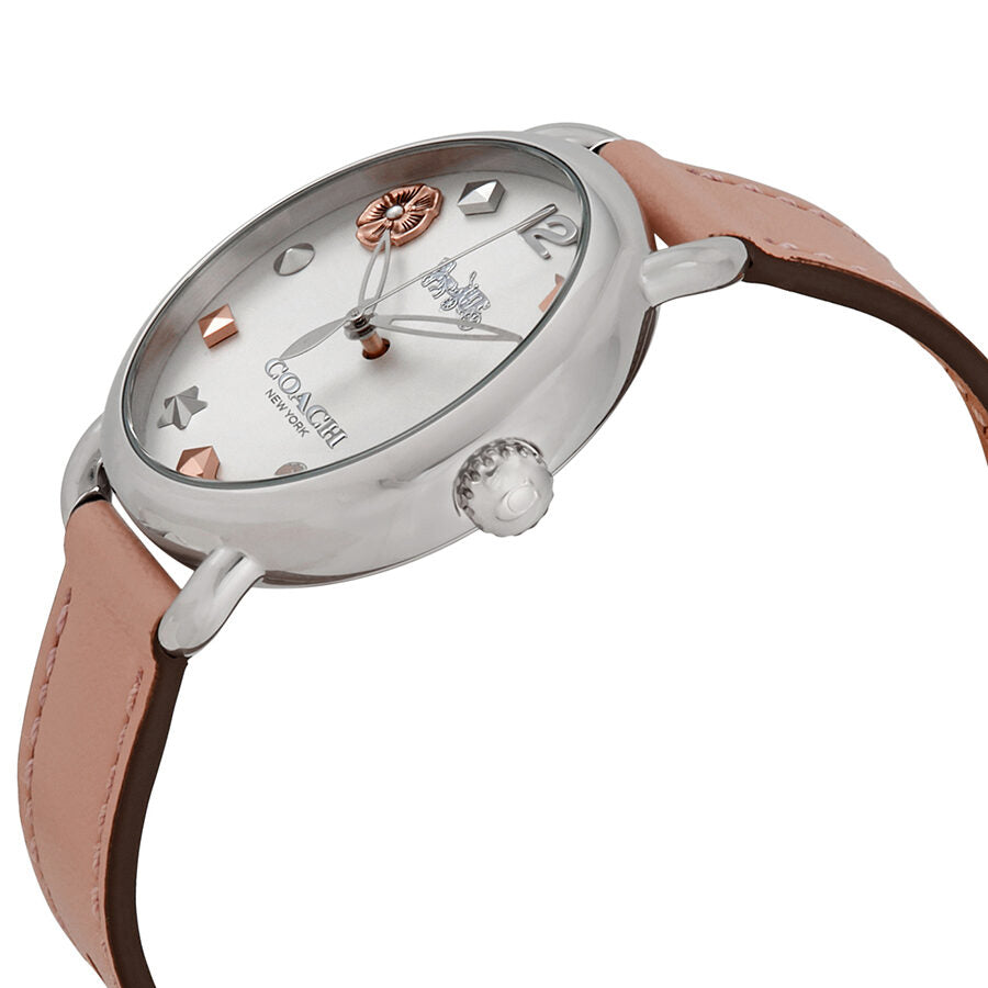 Coach Delancey watch side view showing stainless steel case and tan leather strap
