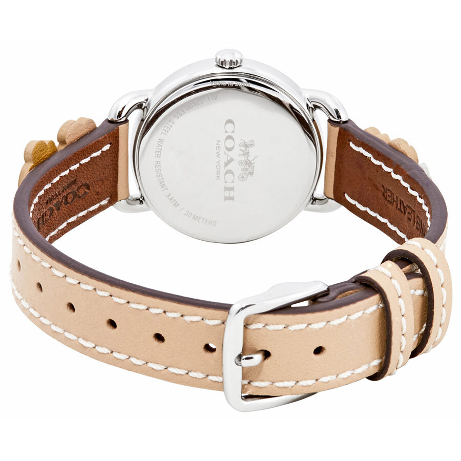 Coach Delancey watch caseback with tan and brown leather strap detail