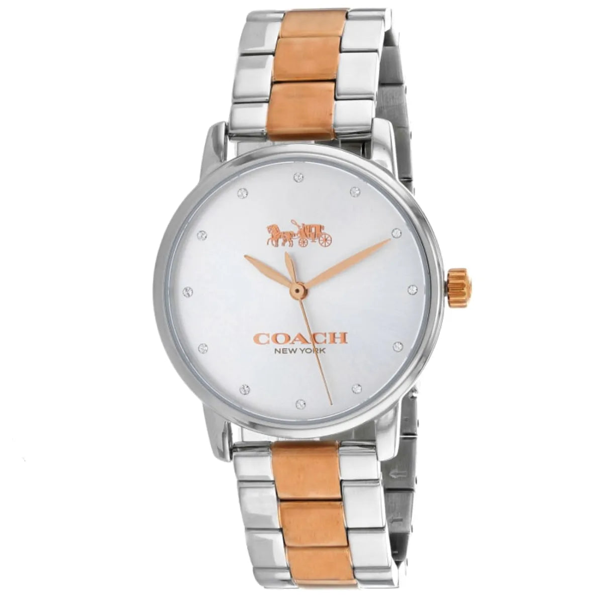 COACH Delancey women's watch with white dial, rose gold hands, and mixed-metal bracelet