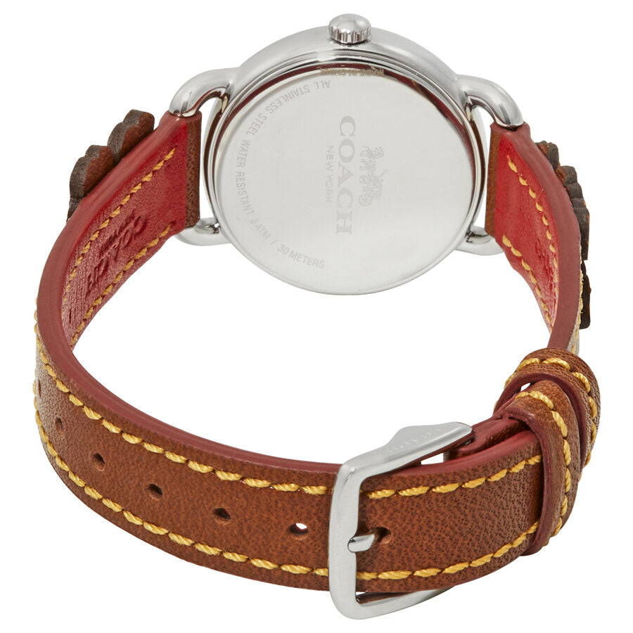 Coach Delancey watch caseback showing silver-tone case and brown leather strap with contrasting stitching