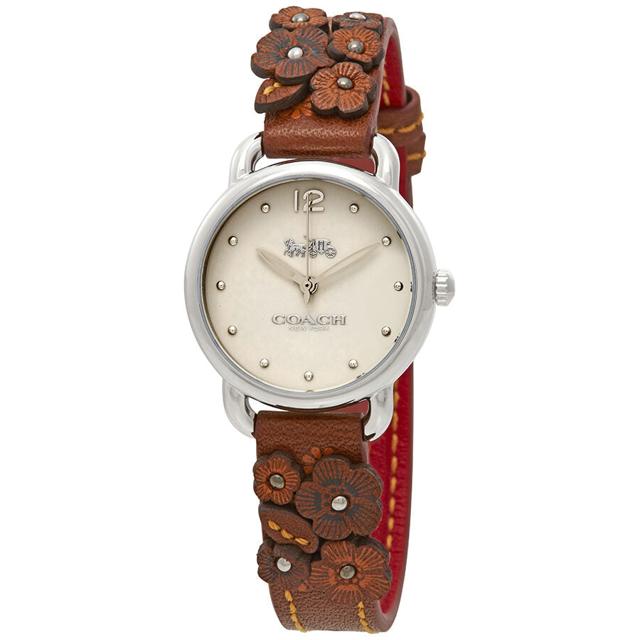 Coach Delancey beige dial watch with brown embossed leather strap and floral detail