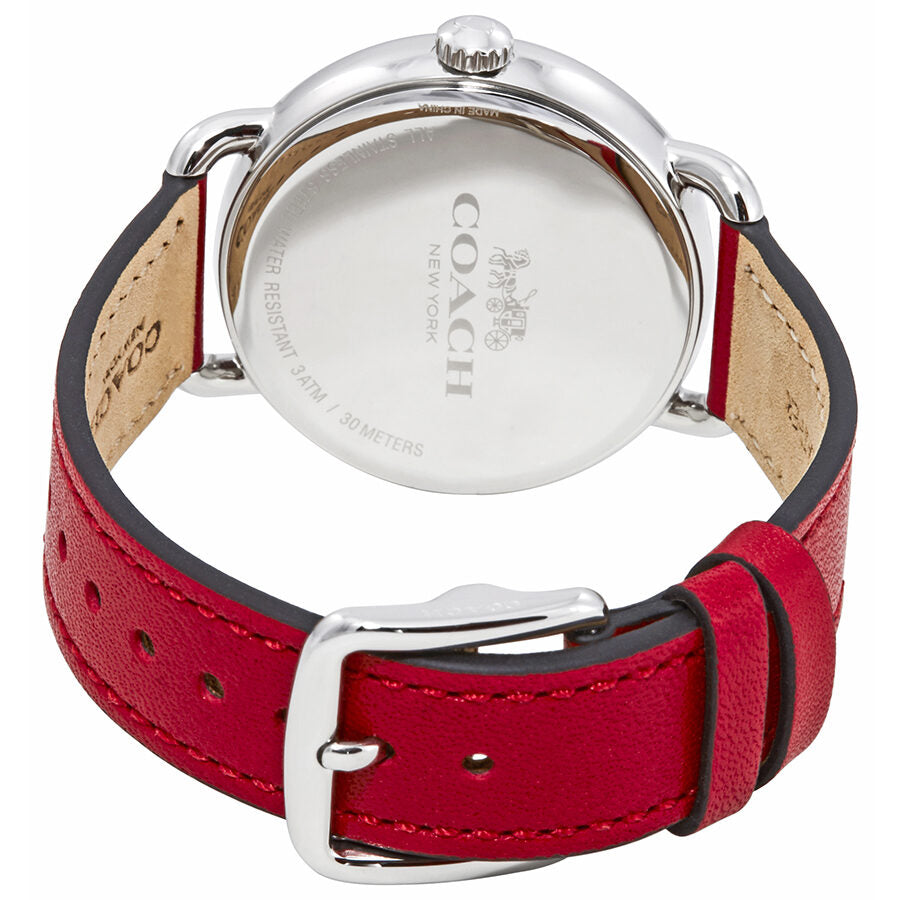 Coach Delancey watch caseback showing stainless steel case, engraved Coach logo, and burgundy leather strap