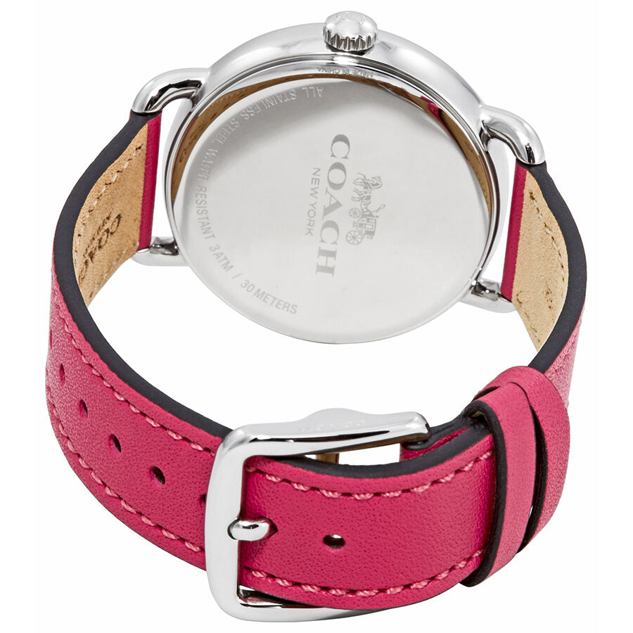 Coach Delancey watch caseback view showing pink and navy leather strap with buckle closure