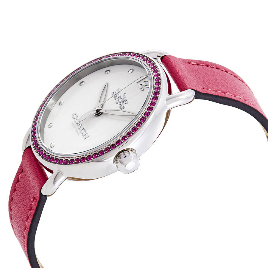 Coach Delancey watch side view showing white dial, pink strap, and purple crystal bezel detail